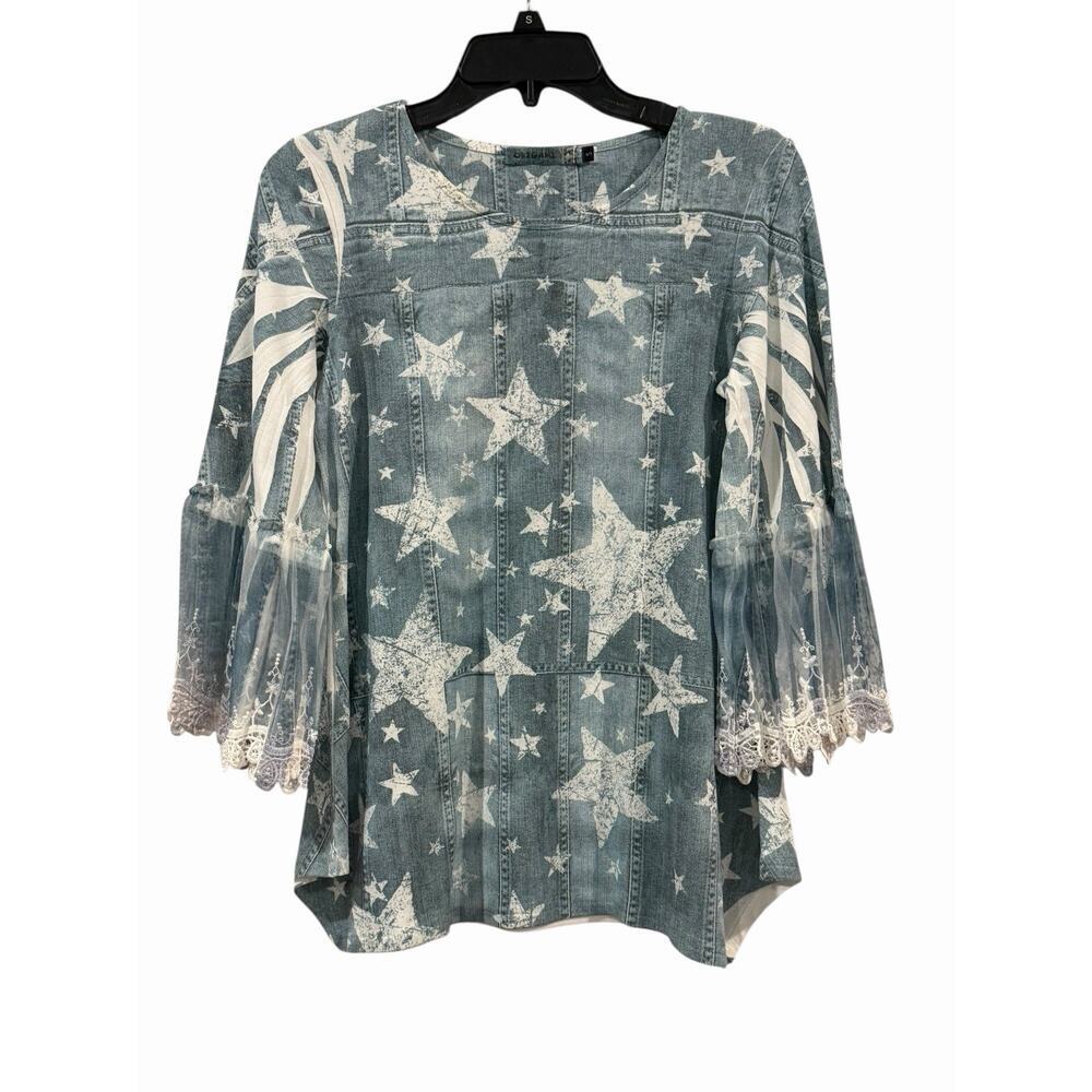 Origami Faux Jean Star Graphic Top Lace Bell Sleeves Womens Small Western Boho